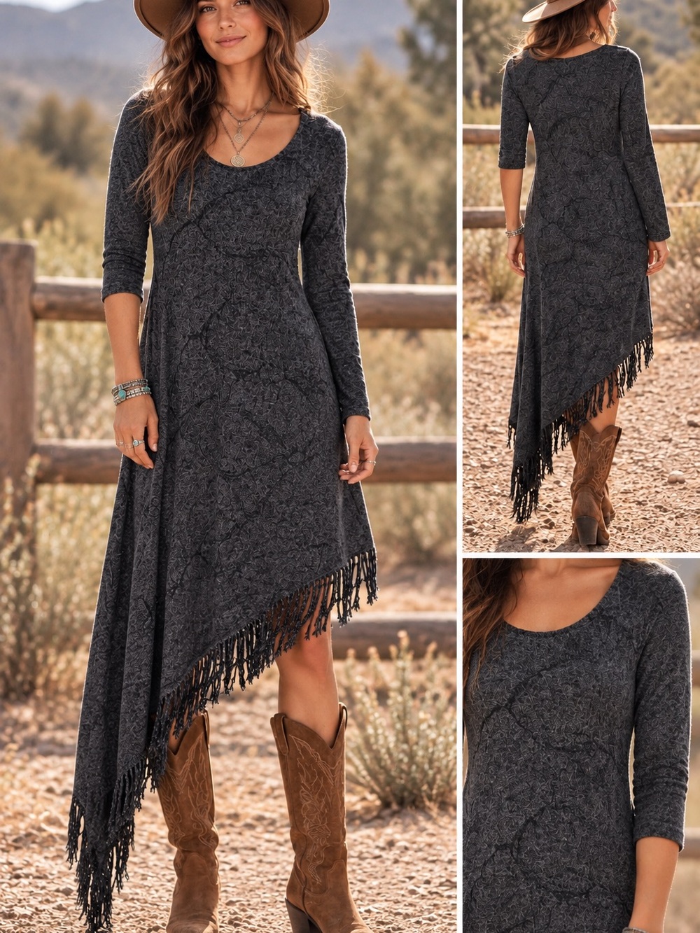 🩶MAKE OFFER🩶 Free People Charcoal Asymmetric Fringe Sweater Boho Midi Dress SM